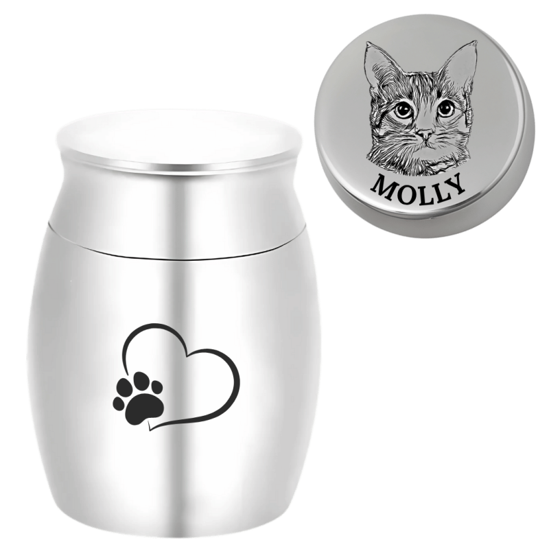 Personalised Dog Urn with Photo Drawing on the lid – Mini Keepsake Urn with Name