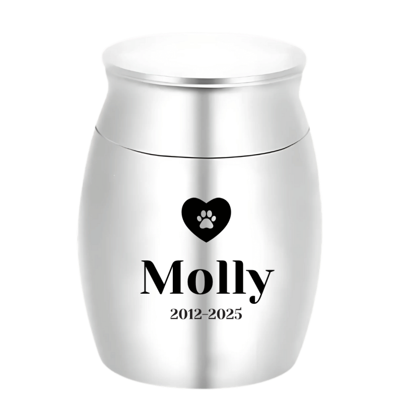 Personalised Dog Urn with Name, Dates & Paw Heart Design - Mini Keepsake Urn