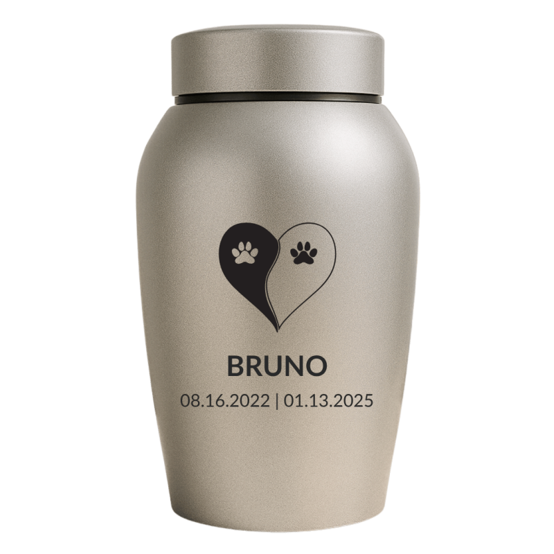 Personalised Dog Urn with Name, Dates & Yin Yang Paw Design  – Pet Memorial Stainless Steel Urn
