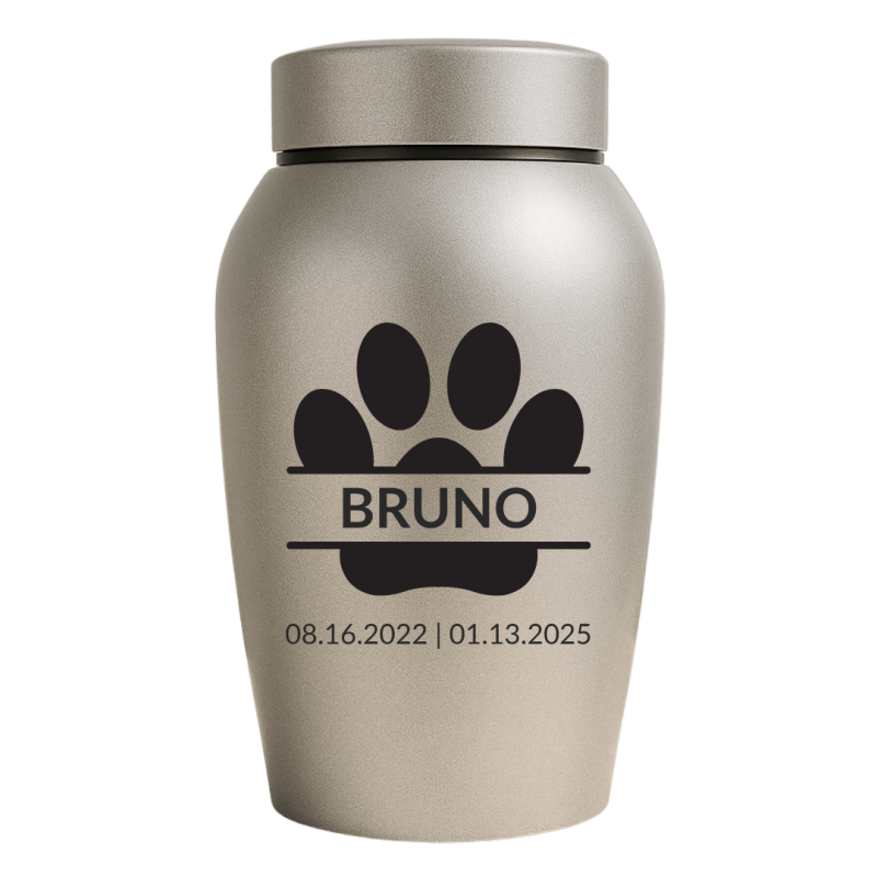 Personalised Dog Urn with Name & Dates in a Paw Print Design  – Pet Memorial Stainless Steel Urn