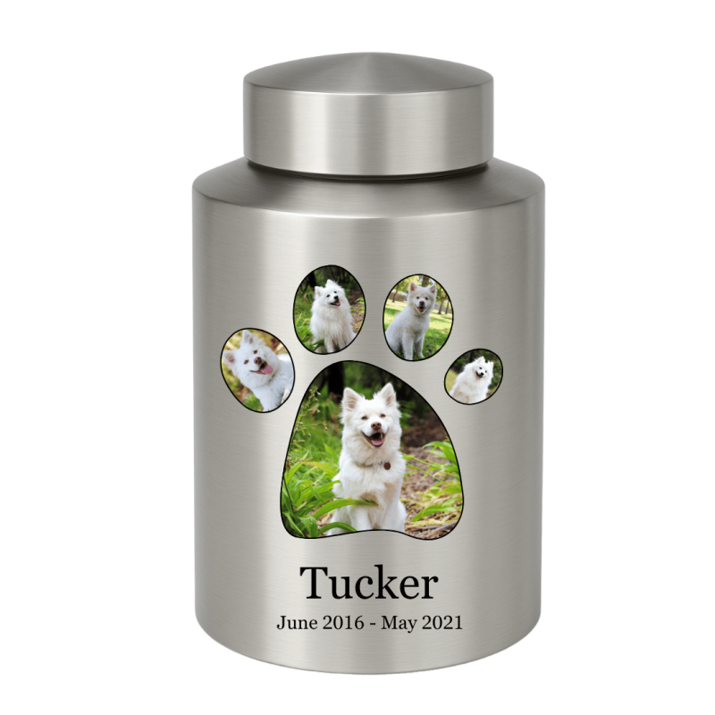 Personalised Dog Urn with Photos in a Paw-shaped Frame – Cylinder Stainless Steel Memorial Urn  with Name & Dates