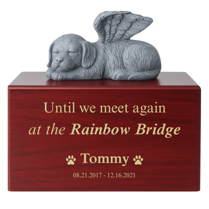 Personalised Wooden Dog Urn Box with Angel Dog Statue –  Pet Cremation Urn for Ashes with Name, Dates & Tribute