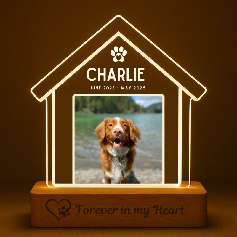 Personalised Dog Memorial Light with Photo – House-shaped LED Pet Tribute Lamp with Engraved Name & Dates on Acrylic Plaque