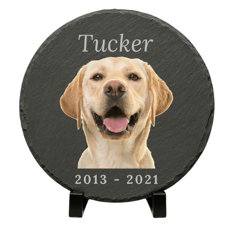 Personalised Round Slate Dog Memorial Plaque – Pet Memorial Gift with Photo, Engraved Name & Dates