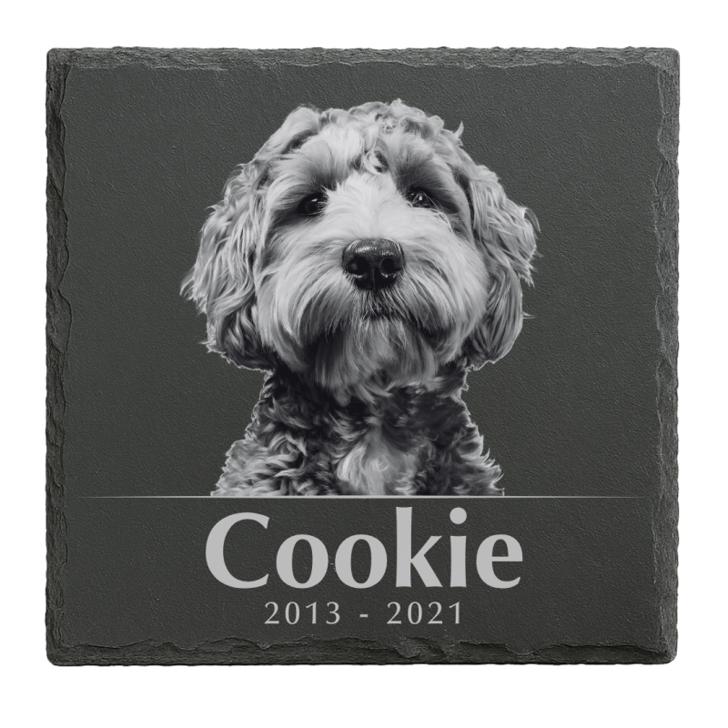Personalised Square Dog Grave Marker with Photo – Slate Pet Memorial Garden Plaque with Name & Dates