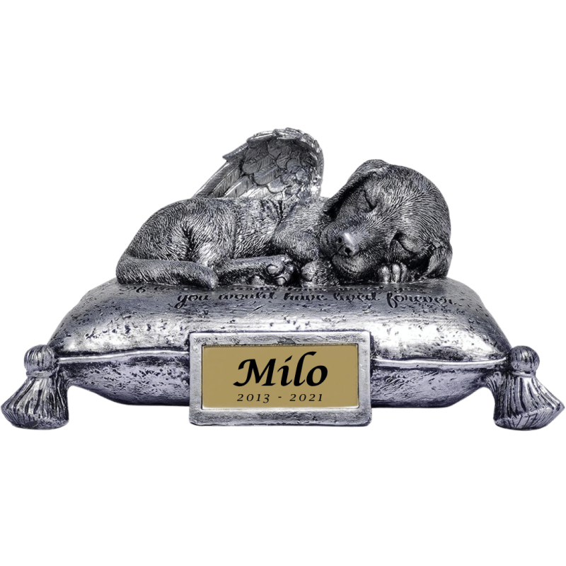 Sleeping Angel Dog Memorial Urn with Elegant Cursive Name & Dates – Outdoor Resin Grave Marker & Pet Ashes Holder for Garden Display