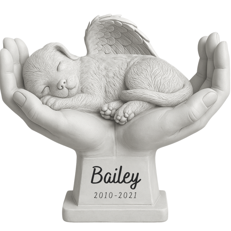 Statue chien ange au creux des mains personnalisée – En résine résistante aux intempéries avec nom & dates en écriture cursive