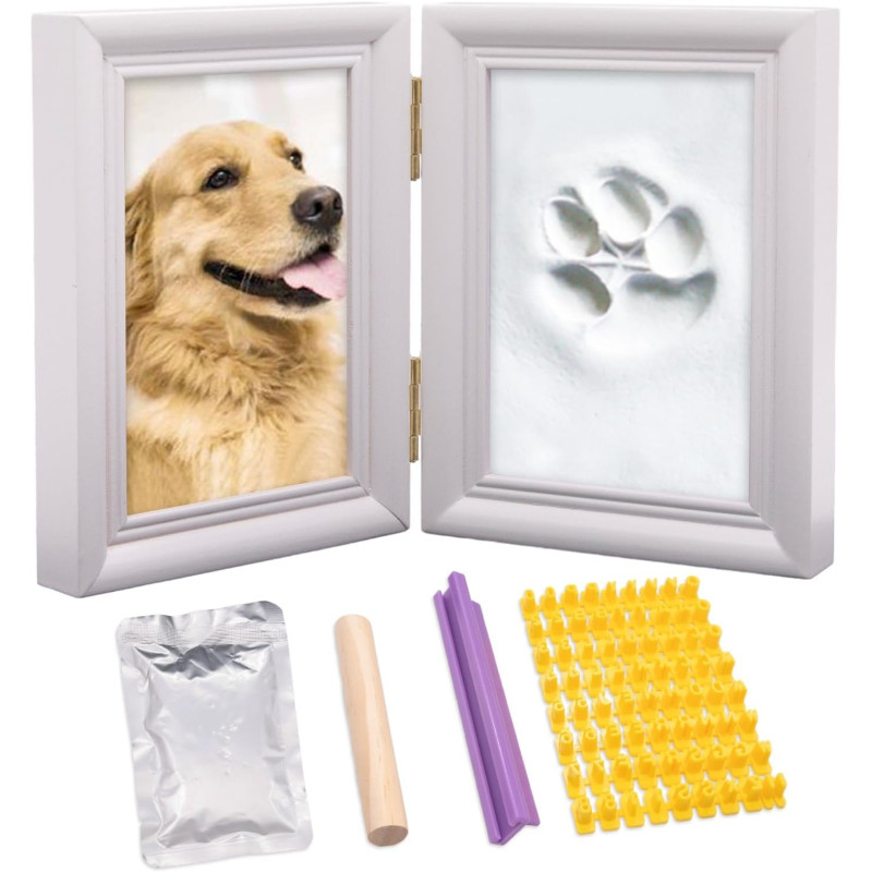 Folding Paw Print Clay & Photo Frame Kit – Wooden Dog Memorial Picture Frame for Indoor Display