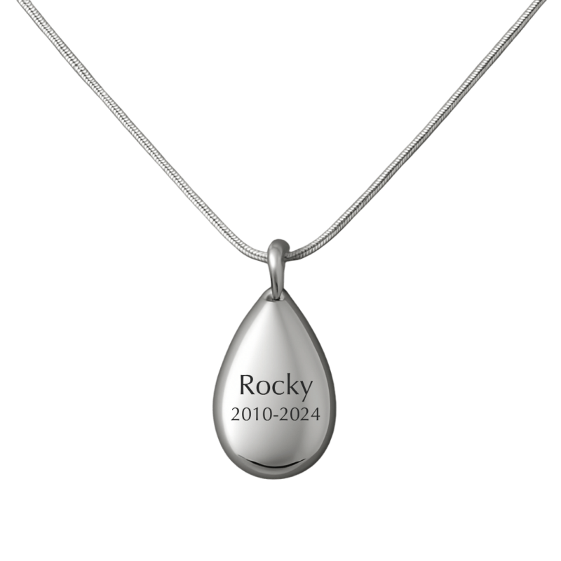 Personalised Dog Memorial Teardrop Urn Necklace – Engraved Pet Ashes Keepsake with Name & Dates