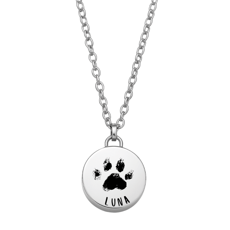 Personalised Dog Memorial Round Urn Necklace – Engraved Pet Paw Print Ashes Keepsake with Name