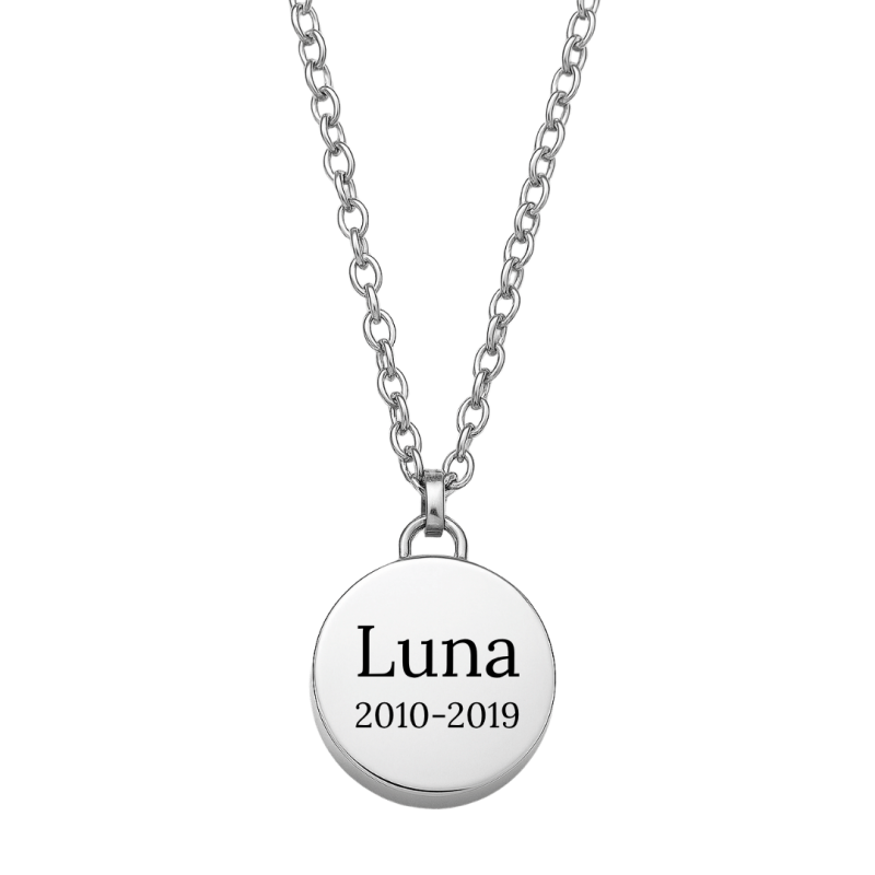 Personalised Dog Memorial Round Urn Necklace – Engraved Pet Ashes Keepsake with Name & Dates