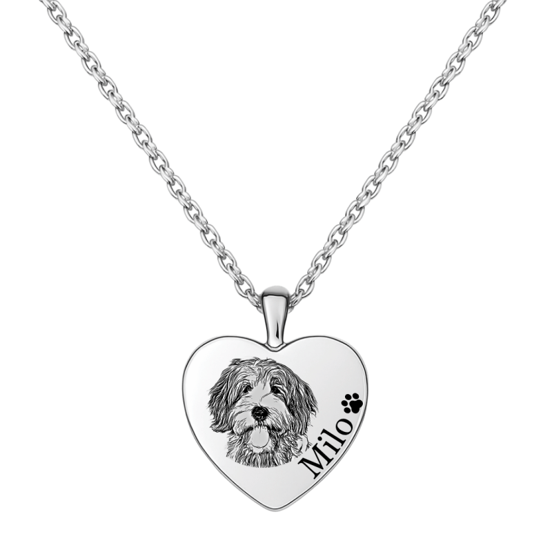 Personalised Dog Memorial Heart Urn Necklace – Engraved Pet Picture-to-drawing Ashes Keepsake with Name